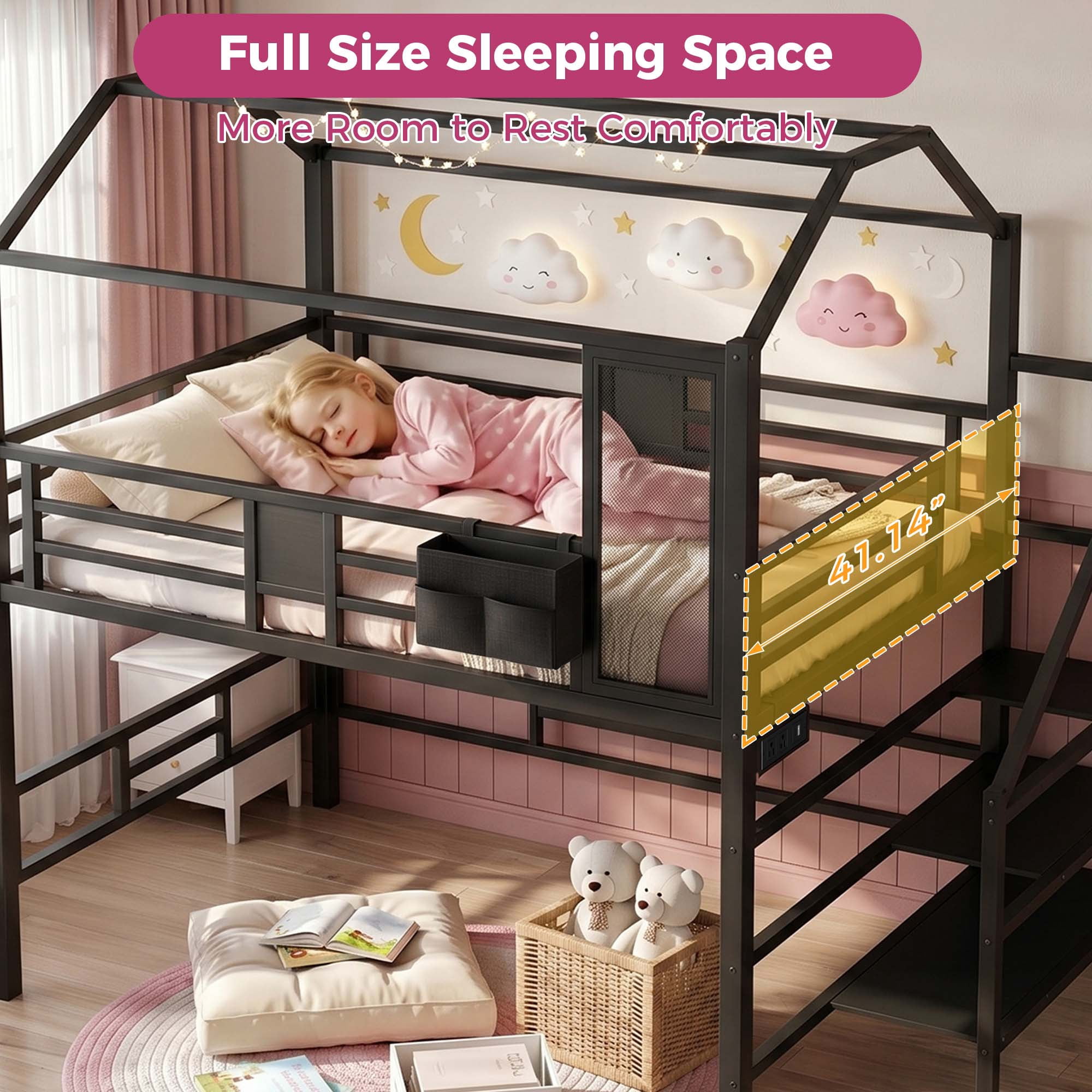 Miniyam Full Size Bunk Bed with Stairs, House Bed Design with Charging Station and Storage Bag Led Light, Black