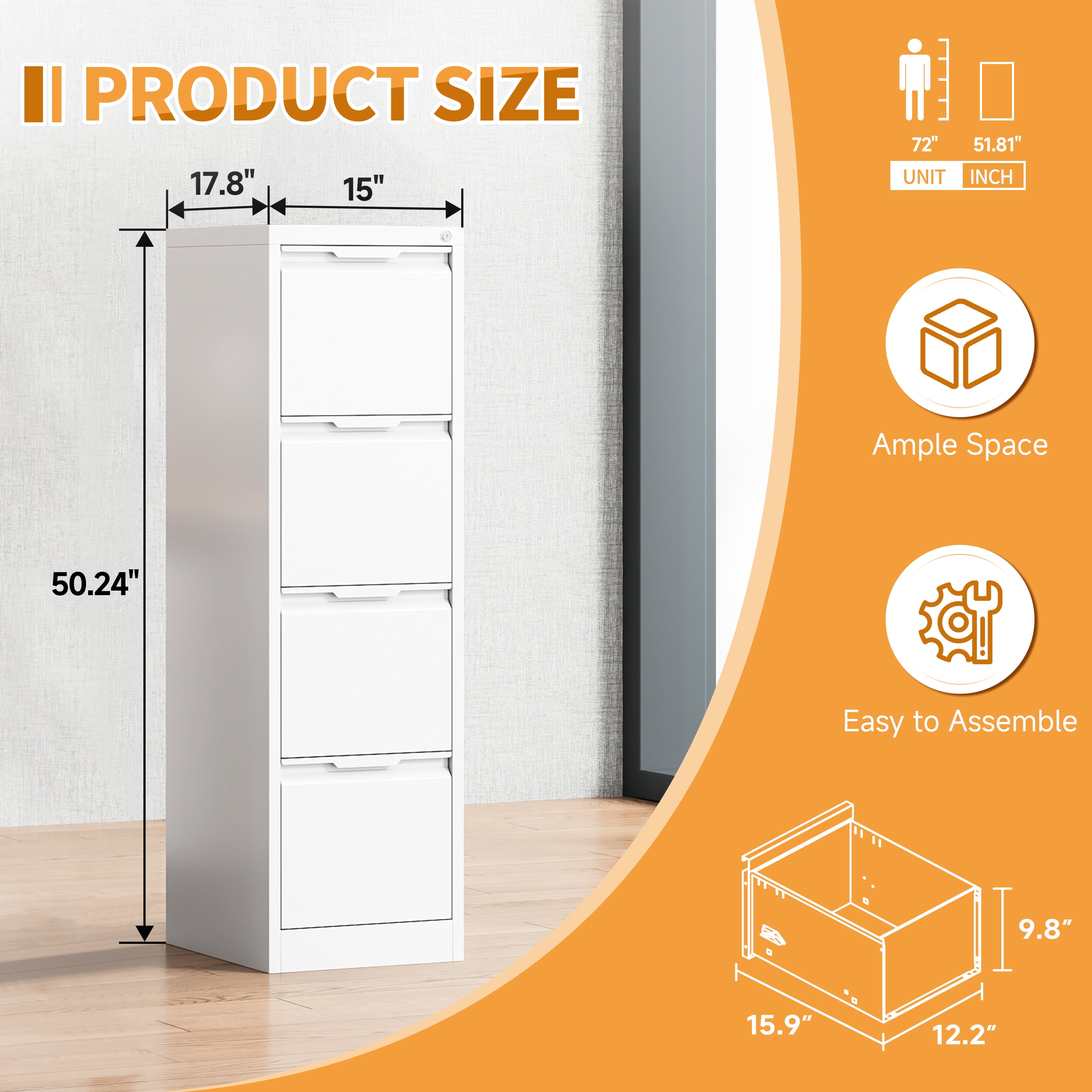 Metal File Cabinet with Lock, Storage Cabinet with 4 Drawers for Home Office, Vertical Filing Cabinet for Legal/Letter/A4 Files,Assembly Required