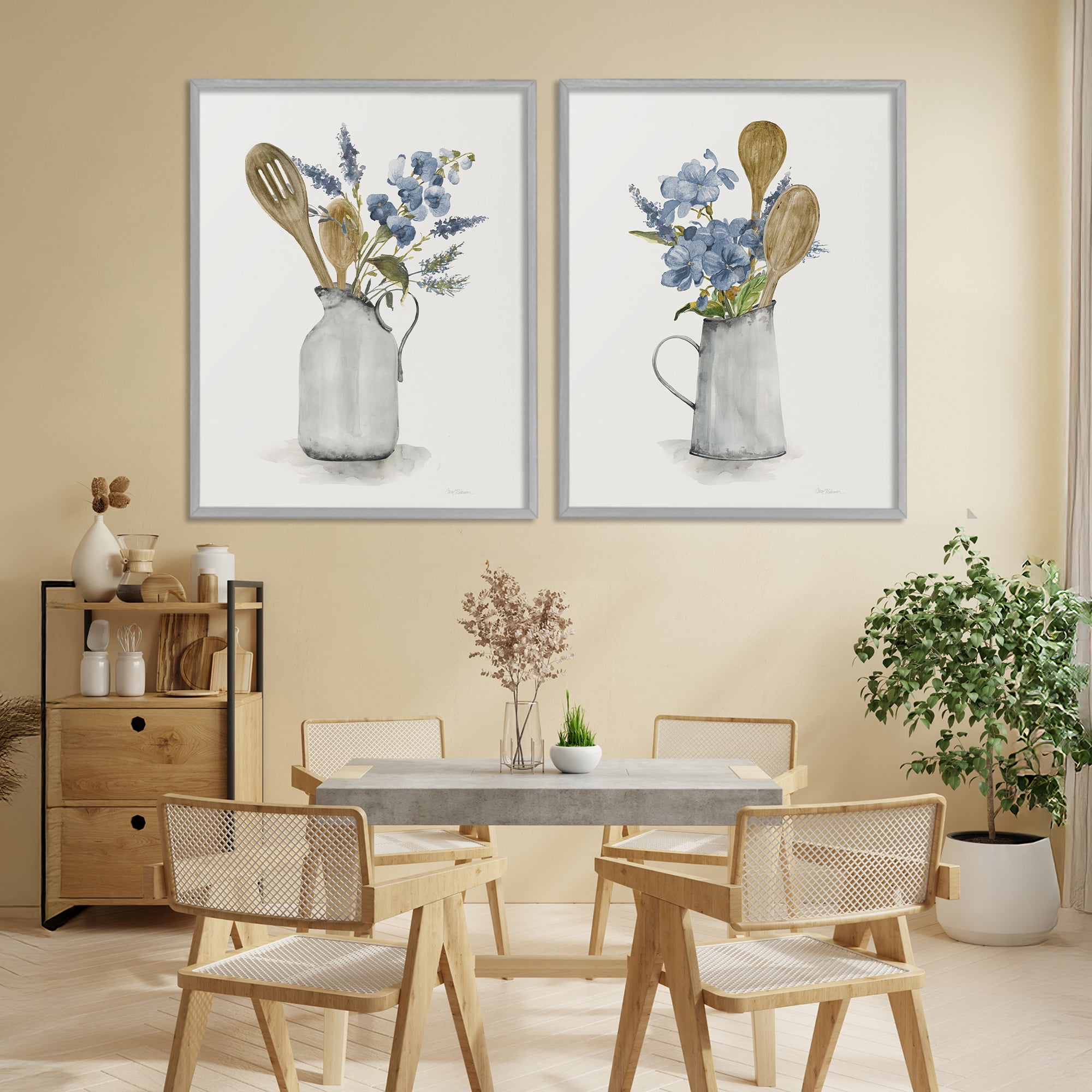 Stupell Industries Kitchen Pitcher Bouquets 2 Piece Gray Framed Giclee Art Set, design by Carol Robinson