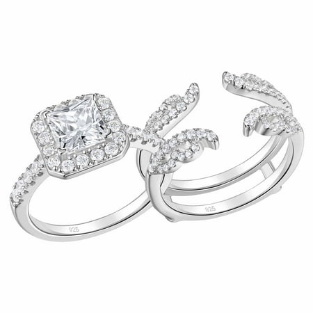Newshe Jewellery 3Ct Wedding Ring Set For Women Wedding Sets Ring Enhancer For Engagement Rings Princess Cut 925 Sterling Silver Aaaaa Cz Size 7