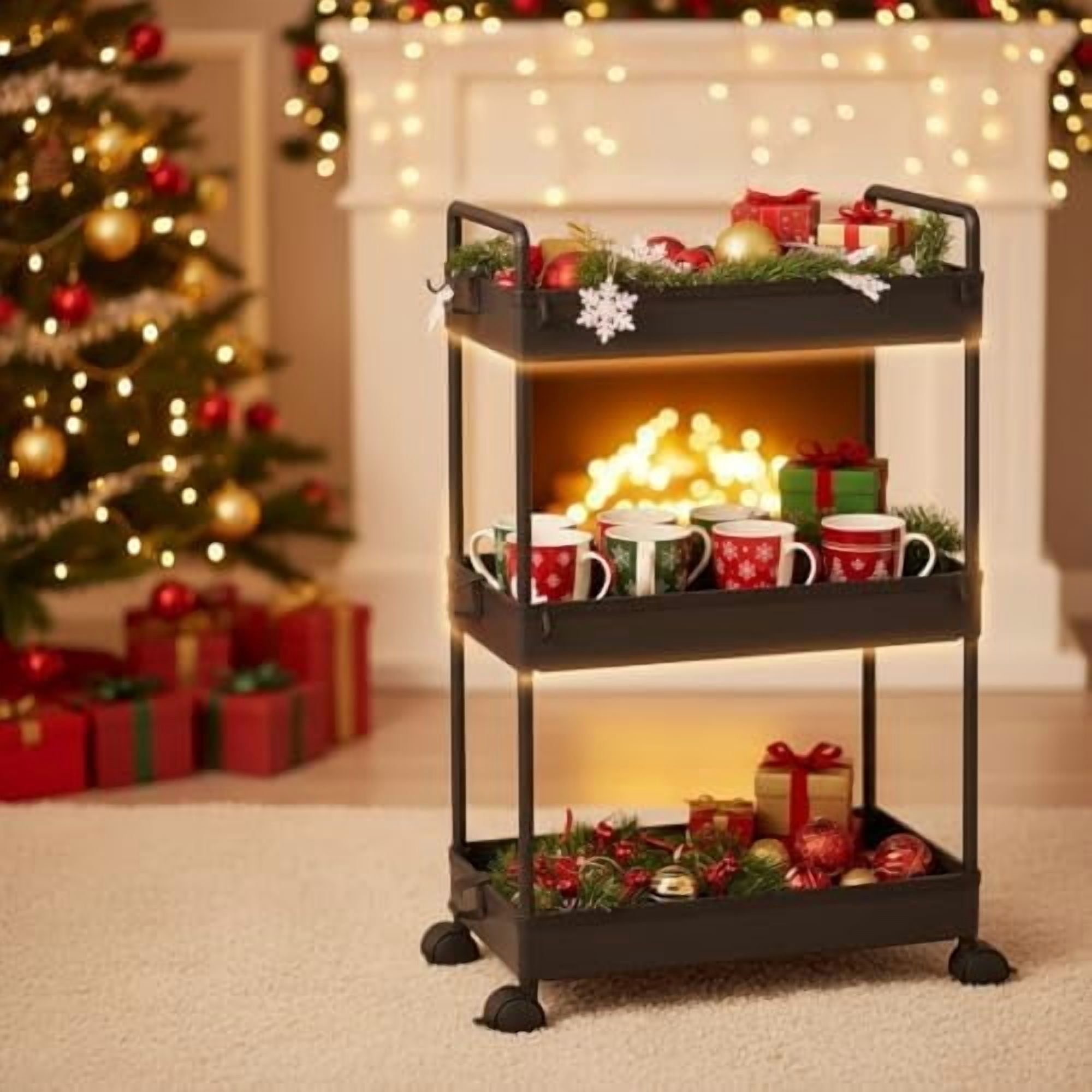 3 Tier Slim Rolling Storage Cart with Wheels Plastic Utility Cart Organizer for Snack Craft Art Postpartum Baby Diaper Nail Makeup in Bathroom Laundry Room Kitchen Bedside Narrow Space, Black