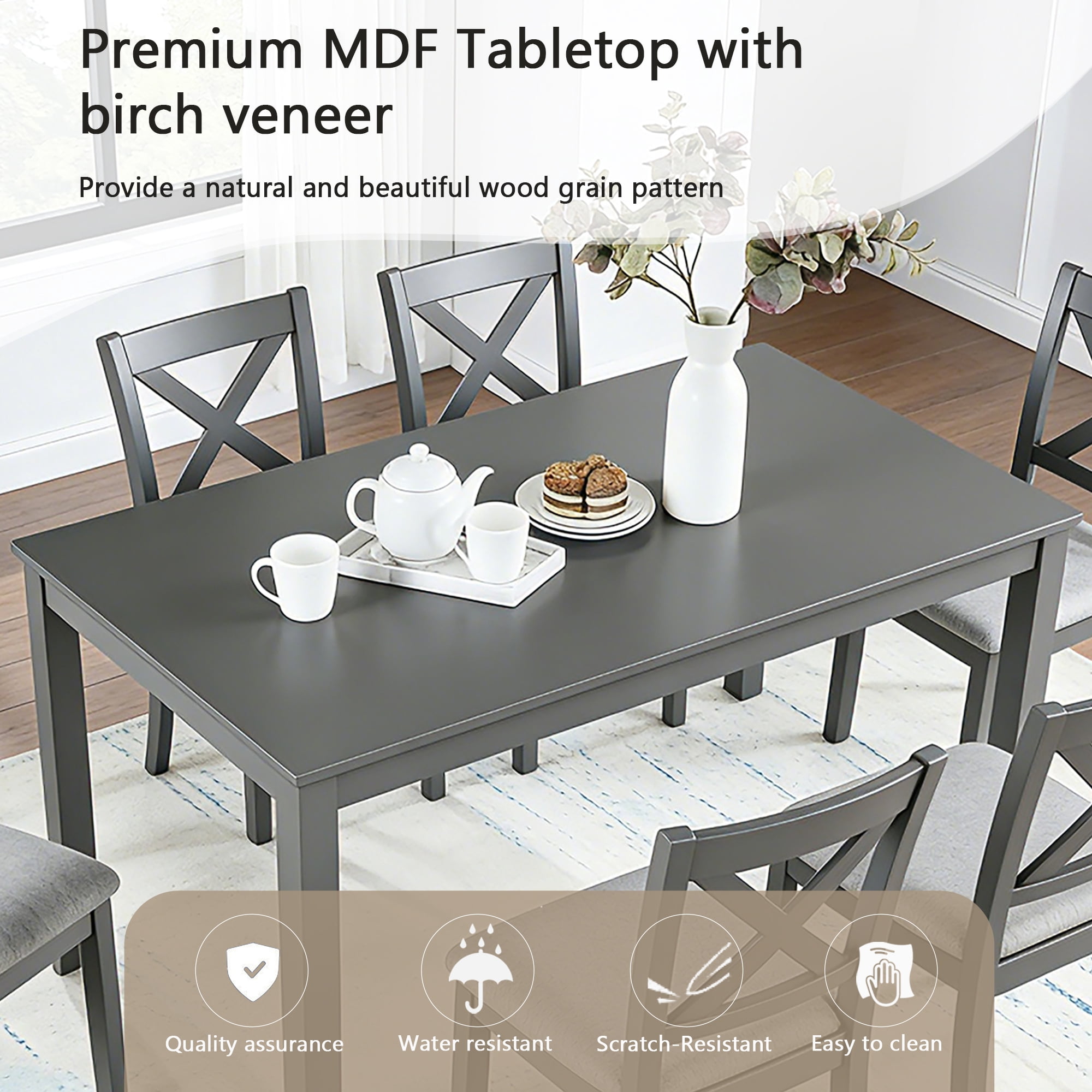 7 Piece Dining Set for 6, 58.5" Rectangular Dining Table with 6 Upholstered Chairs