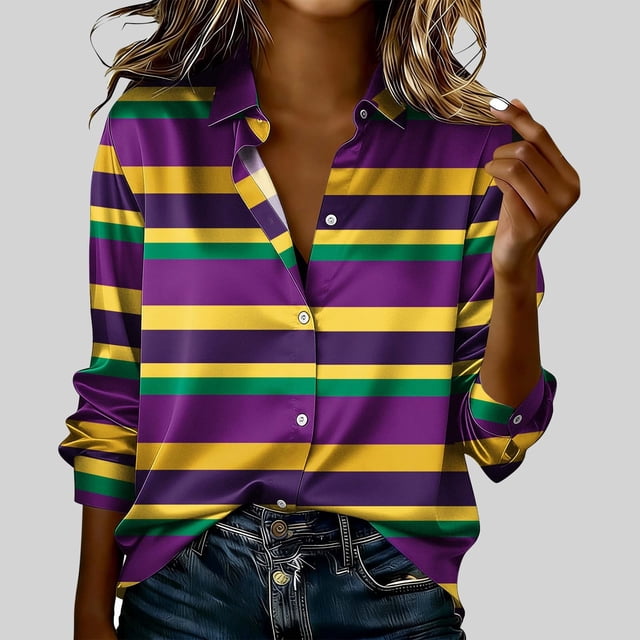 TaTaai Womens Carnival Party Shirt Long Sleeve Round Neck Polyester Casual Top Lightweight Printed Festival Wear Small Fit Gift