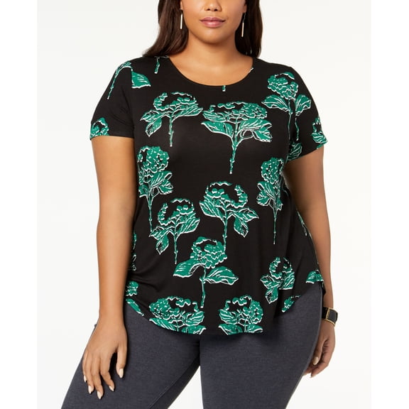 Alfani Plus Size Floral Print T-Shirt Black Spring Silhouette 1X