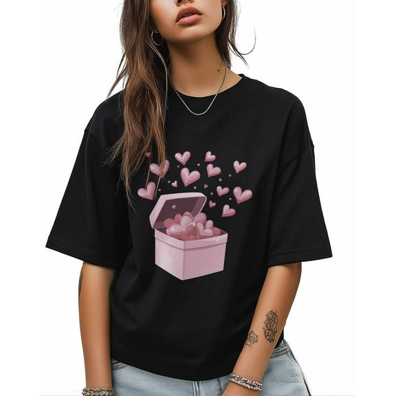 T Shirts for Women Short Sleeve Cotton Crewneck T-Shirt, Valentine Pink Heart Box Tee Tops Casual Basic T-Shirts, XS-5XL Black XXL