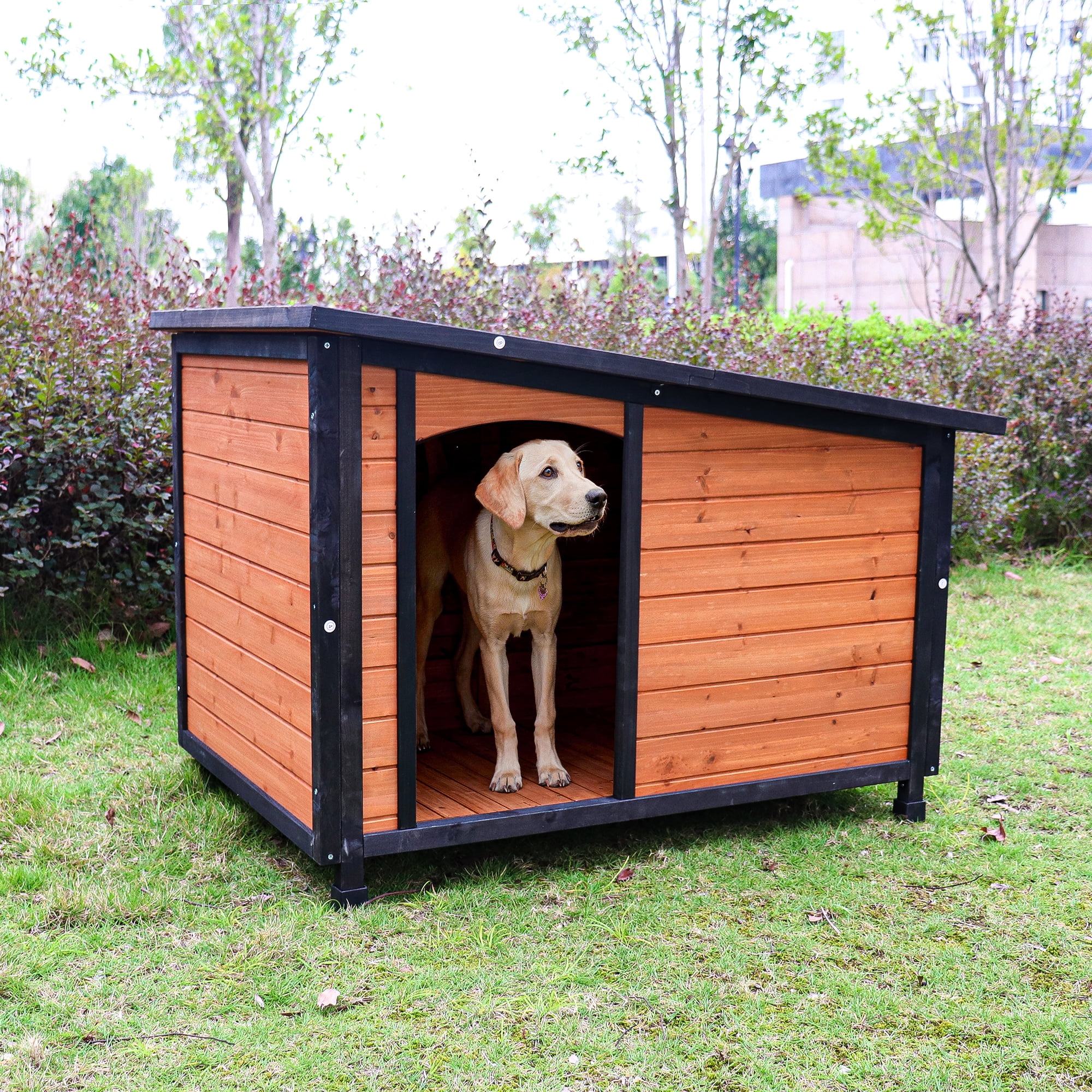 Pefilos 46" Wood Dog House for Large Dogs with PVC Roof and Removable Floor Outdoor Weatherproof Pet Cat House, Gold Pefilos 46" Wood Dog House for Large Dogs with PVC Roof and Removable Floor Outdoor Weatherproof Pet Cat House, Gold
