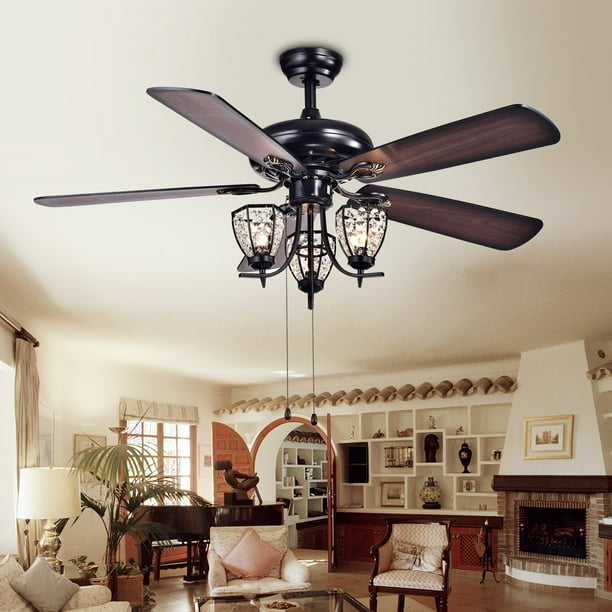 Mirabelle 3 Light 5 Blade 52 Inch Black Metal And Crystal Lighted Ceiling Fan Optional Remote Walmart Com Walmart Com