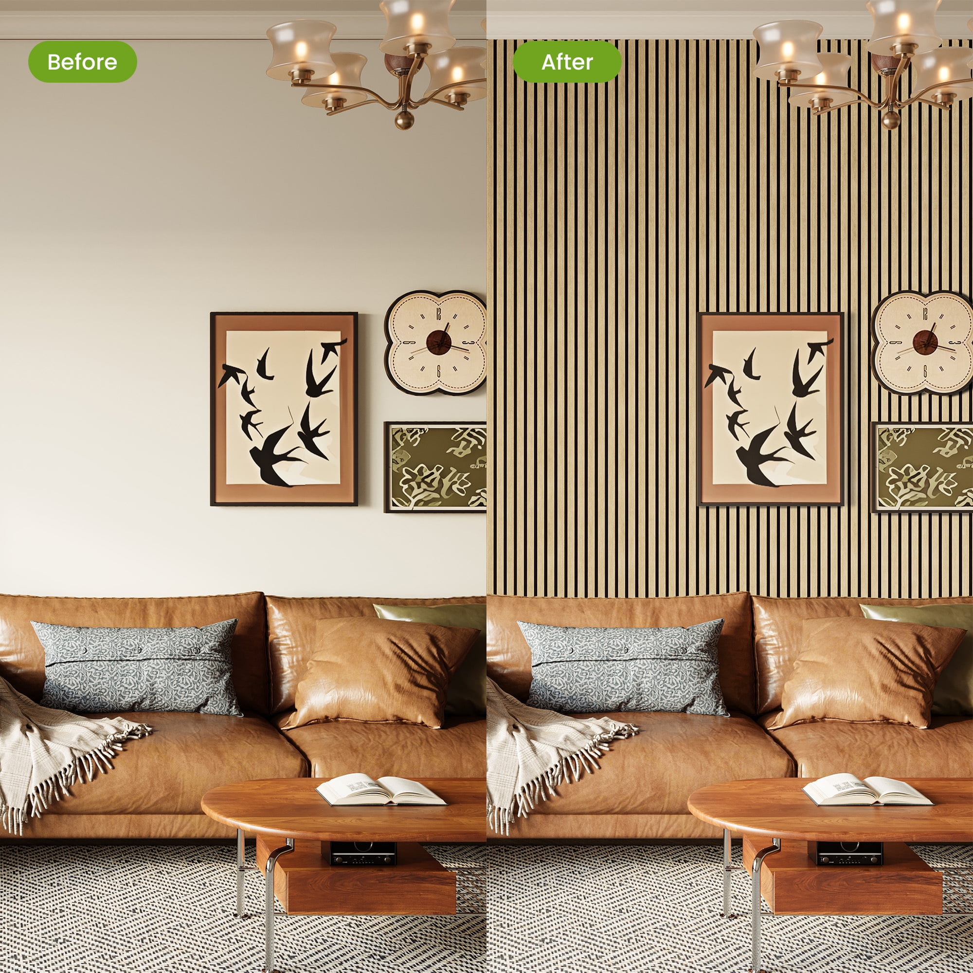 Plank & Hue 2Pcs 106"x12.6" Wood Slat Acoustic Wall Panels, 3D Fluted Soundproof Decorative Panels for Interior Walls, White Oak