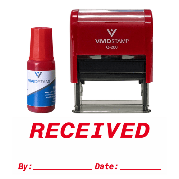 Precision and Convenience: Vivid Stamp Received By Date Self Inking Rubber Stamp Combo With Refill (Red Ink) - Medium