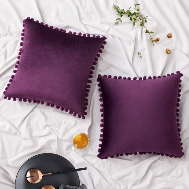 Paquete de 2 fundas de almohada de terciopelo con pompones, fundas de almohada decorativas, fundas de cojín suaves y sólidas con pompones cuadrados para sofá, sala de estar, sofá Sincero Hogar