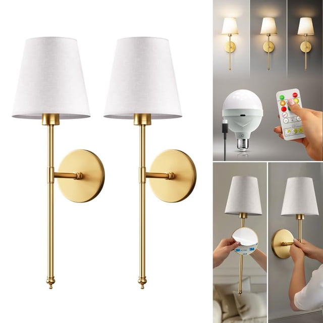 PRIDOLA Appliques Murales Ensemble de 2 Ampoules LED Rechargeables Dorées Télécommandées