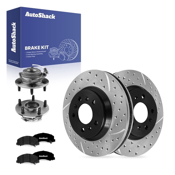AutoShack Front Vented Drilled & Slotted E-Coated Brake Rotors   Premium Ceramic Pads   Hub Bearing Assembly 8-PC Brake Kit Replacement for 2006-2013 Chevrolet Impala ShadowGuard 11.93" (303.1 mm)