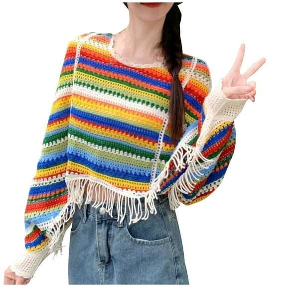 Wyobmus Women's Cropped Sweaters Lightweight Lace Collar Fringed Pullover Loose Crewneck Long Sleeved Top Beige