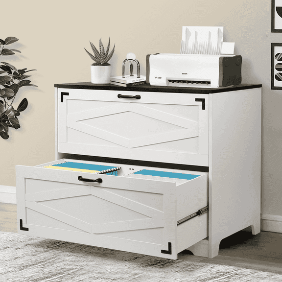 RichYa 2 Drawer Lateral File Cabinet, Large Wood Filing Cabinet for Home Office, Fits A4/Letter Size Files, Farmhouse White
