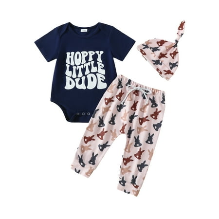 

Baby Boy 3 Pcs Easter Set Short Sleeve Letter Print Romper + Elastic Waist Carrot Pants+Hat Infant Easter Clothes Outfits 0-18M