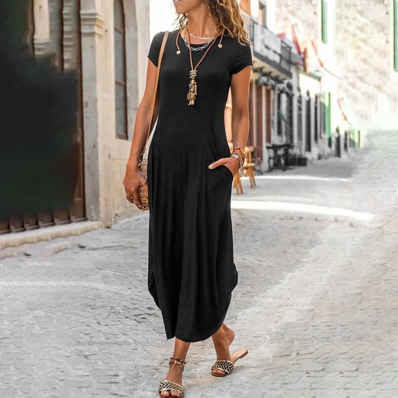 Lopecy-Sta Women's O-Neck Mid-Waist Skirt Solid Color Short Sleeve Fashion Long Skirt Skirts for Women Savings Clearance Skirts for Women Trendy Black