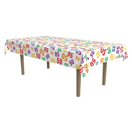 Beistle Multicolor 50 Stamp All Over Holiday Tablecover, Purple, Blue, Red, Yellow, Orange, White