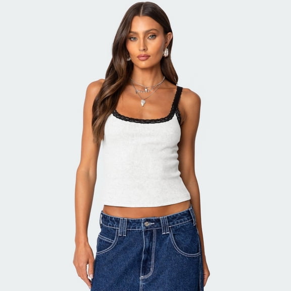 LYMAYTER‌ Women's ‌Lace Crop Tank Top‌ Color Block Y2K Scoop Neck Spaghetti Strap Camisole Fashion