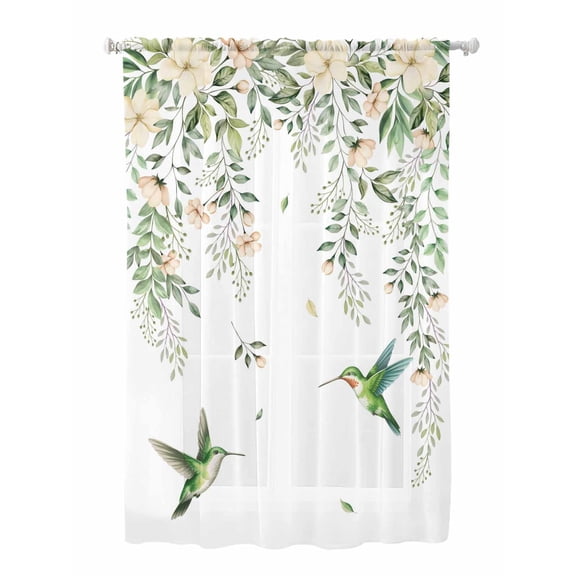 Sheer Curtains 63 Inch Length, Green Eucalyptus Leaves Semi Sheer Curtains Light Filtering Window Treatment, Birds Flowers Spring Watercolor Floral Privacy Voile Drapes for Living Room 52x63 Inch