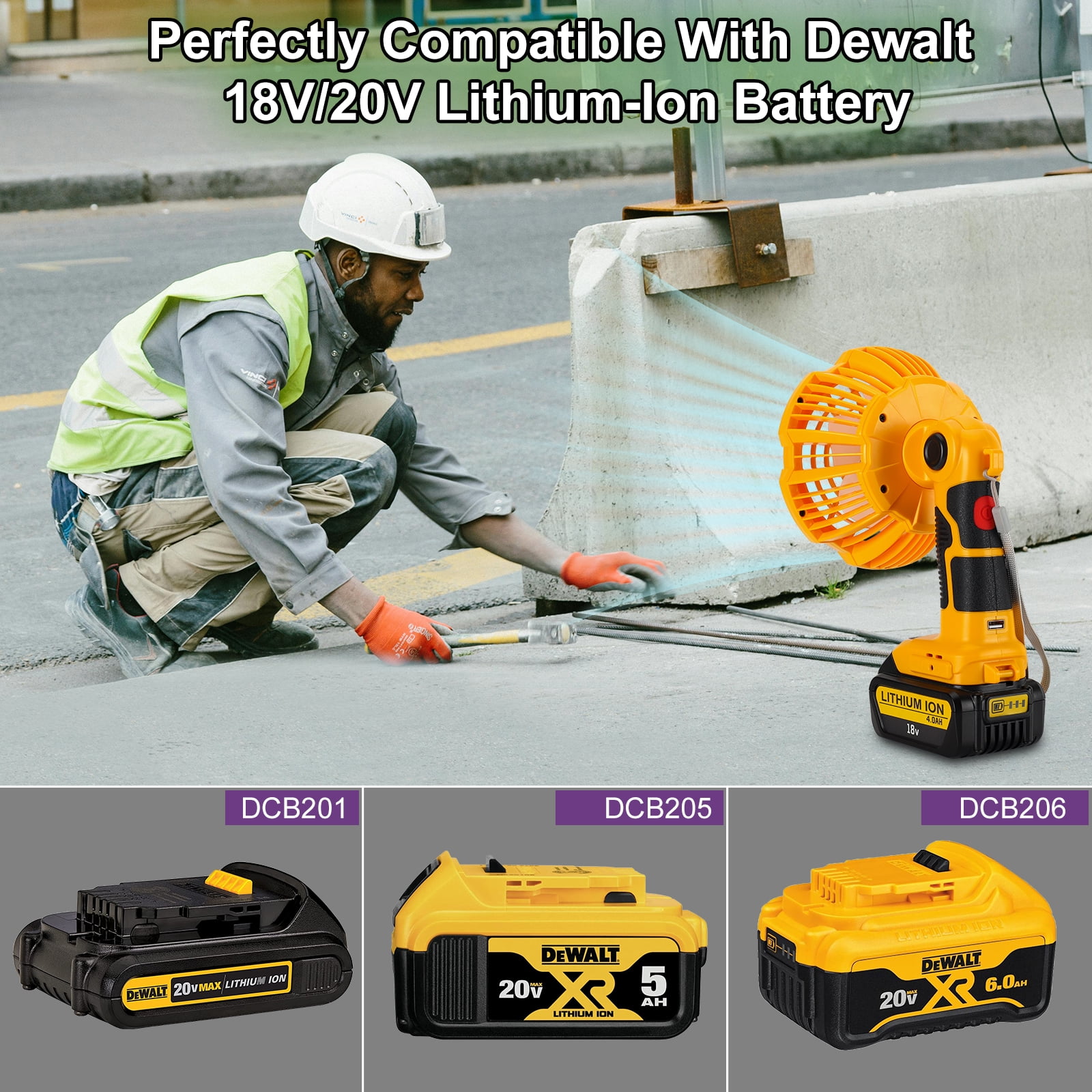 Outdoor Portable Camping Fan with Light,for Tent Hiking Fishing Travel, 3 Modes Brightness and Wind Speed, Powered by Dewalt 18V/20V Li-ion Battery BCD606 DCB205 DCB609 DCB204etc.