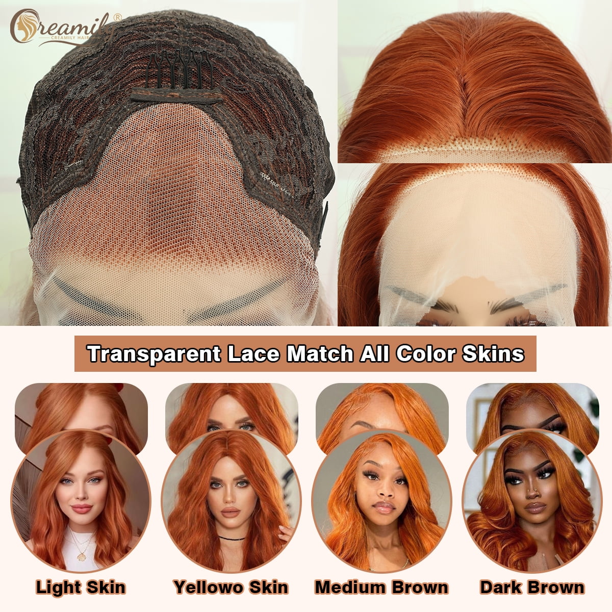 Creamily 26 Inch Lace Front Wigs Free Part Long Wavy Synthetic Glueless Half Hand Tied Lace Wigs For Women（Orange Color ）