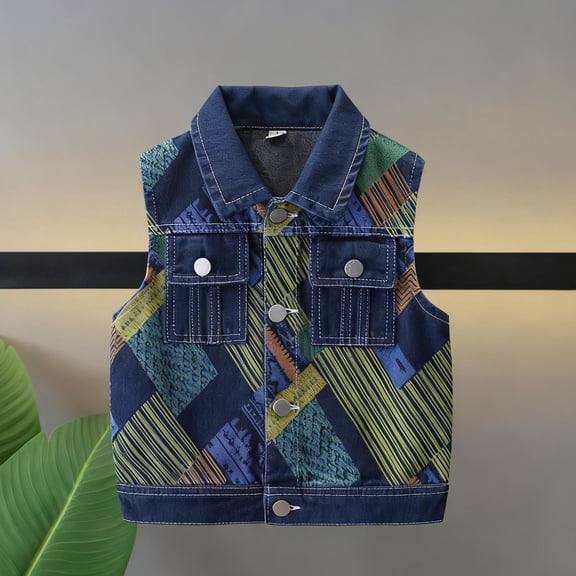 HAOTAGS Big Boys & Girls Sleeveless Lapel Denim Vest Top（2-14） Casual Buttoned Jacket Blue 4-5 Years