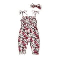 thumbnail image 1 of Seyurigaoka Baby Girls Romper and Headdress, Infant Floral Print Sleeveless Tie-up Shoulder Strap Jumpsuit, Pink/ Red/ White, 1 of 9