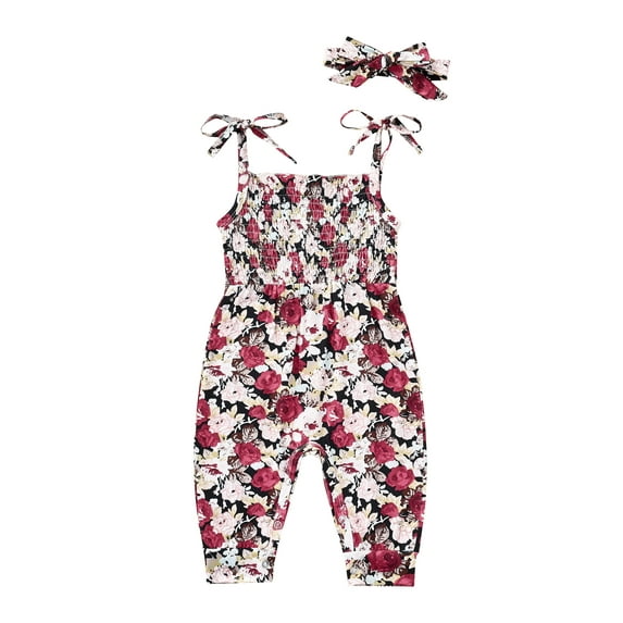 Seyurigaoka Baby Girls Romper and Headdress, Infant Floral Print Sleeveless Tie-up Shoulder Strap Jumpsuit, Pink/ Red/ White