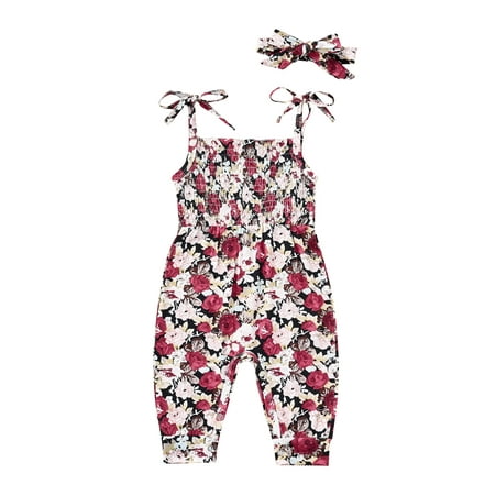 

Frobukio 2Pcs Infant Baby Girls Romper Outfits Floral Print Sleeveless Tie-up Shoulder Strap Jumpsuit with Headband Red 3-6 Months