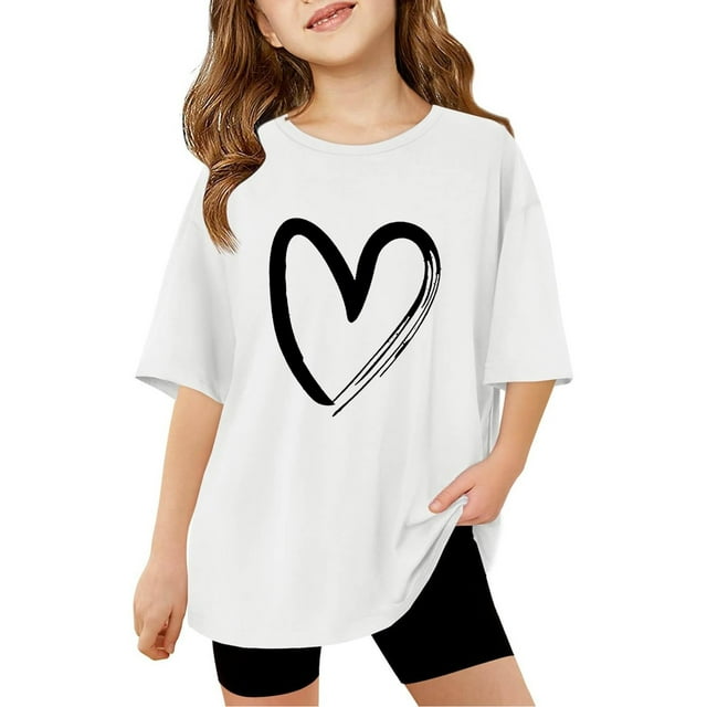 TIEVOSA Children Girls Letter Printed Short Sleeve T Shirts Oversized Tops Casual Crewneck Basic Tees for 9-10 Years(White)