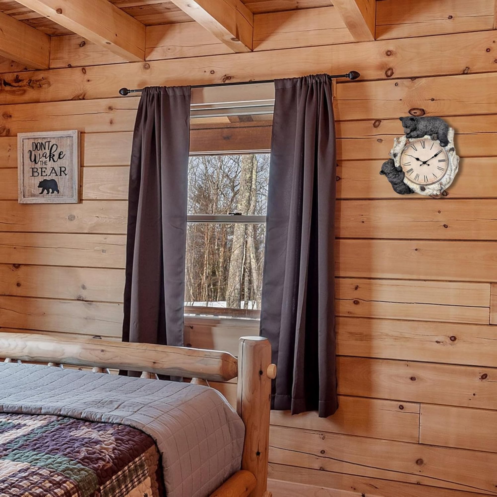 Black Bear Cubs on Birch Woodland Style Wall Clock Cabin Lodge