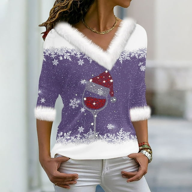 Prix Réduit! Aqestyerly Hauts de Noël à Manches Longues pour Femmes, Chandail Imprimé Col en V Manches Longues