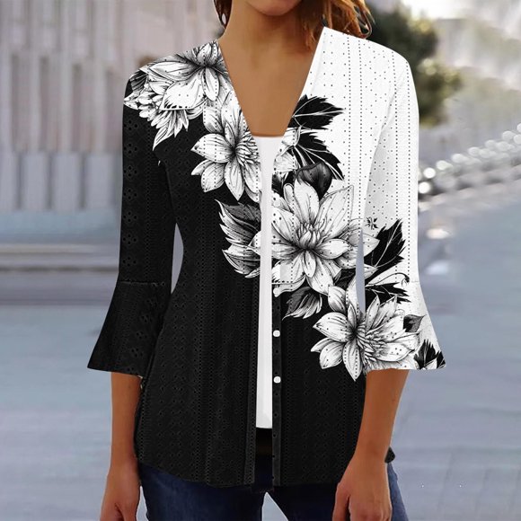 CFLVAEK Plus Size Womens Breathable Eyelet Duster Cardigan Casual 3/4 Sleeve Floral Cardigans Loose Fitted Lightweight Kimono Coats Tops Draped Button Open Front Jackets
