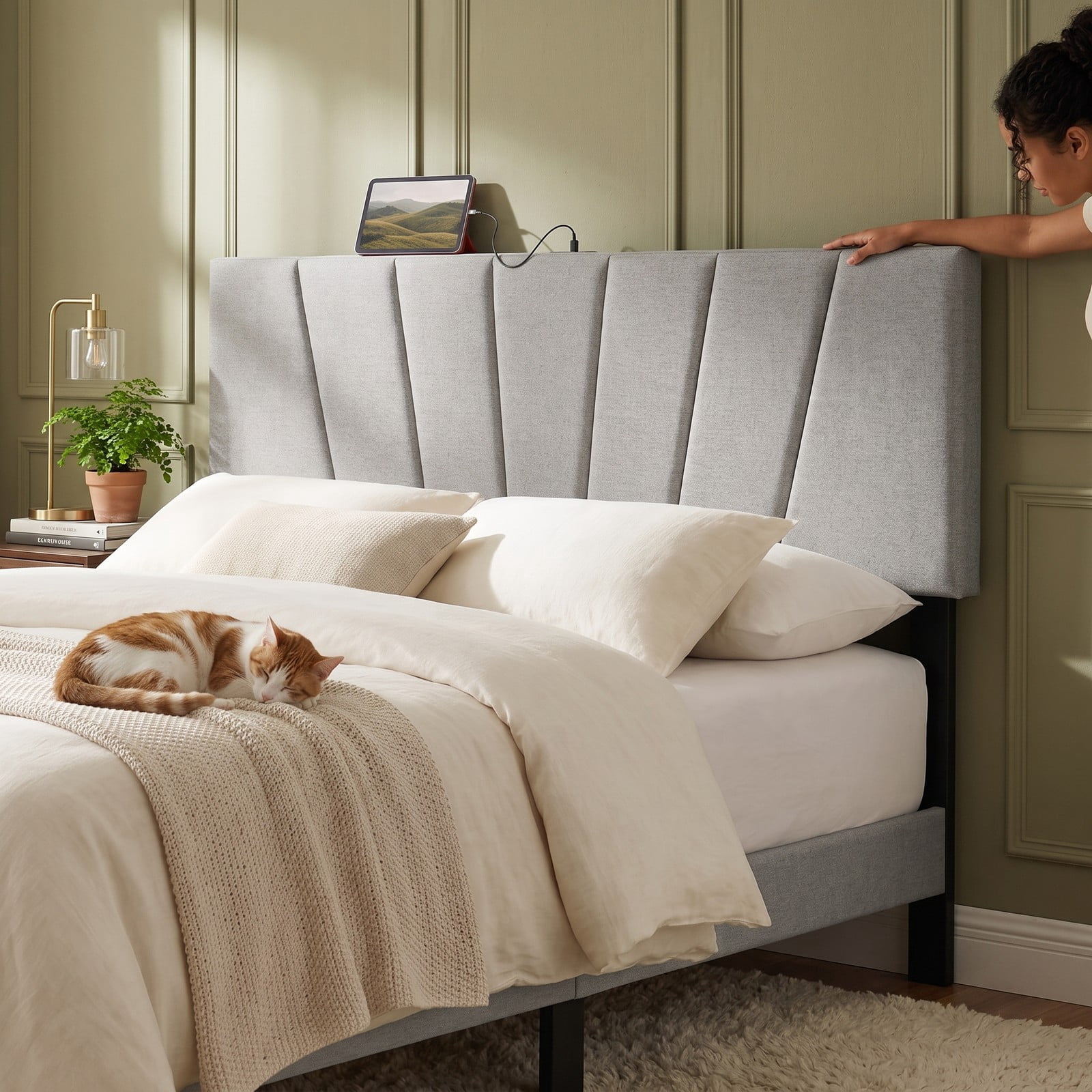 Furnibear Geometric Channel Upholstered Headboard with 2 AC Outlets and USB and Type-C Charging Ports for Full and Queen Size Beds, Gray