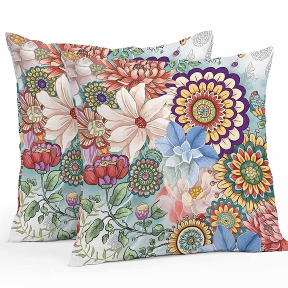 Boho Floral Throw Pillow Covers 24x24 Inch Set of 2, Spring Vintage Abstract Art Flowers Waterproof Outdoor Pillow Covers, Decorative Cushion Pillowcases for Couch, Sofa, Bed, Garden, Patio