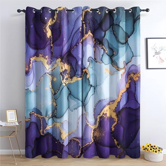 Purple Blue Marble Curtains, Gold Crack Watercolor Patterned Blackout Curtains For Bedroom, Living Room Decor, Room Darkening Thermal Insulated Grommet Drapes 42"W x 63"L (Pack of 2)