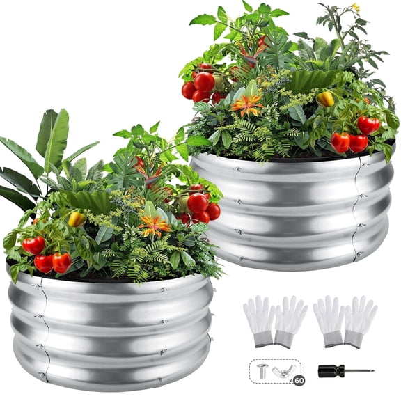 Troxlin Galvanized Raised Garden Bed 2 Pack, Round Metal Planter Box 2x2x1 ft Outdoor for Vegetables Flowers Herbs, Rust Resistant Easy Setup,Sliver