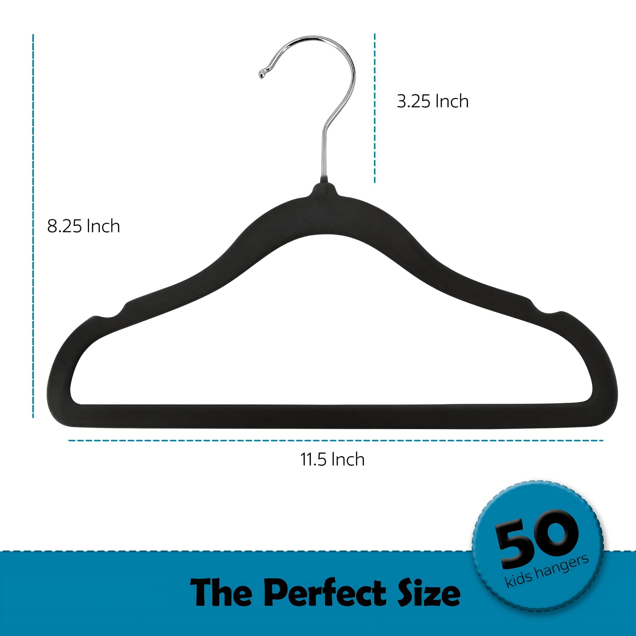 XIBUFE 50 Pack Non-Slip Velvet Space Saving Notched Shoulder Clothes Hangers for Toddler,Baby & Kids Clothing with 360° Swivel Hooks,Slim Design in Black