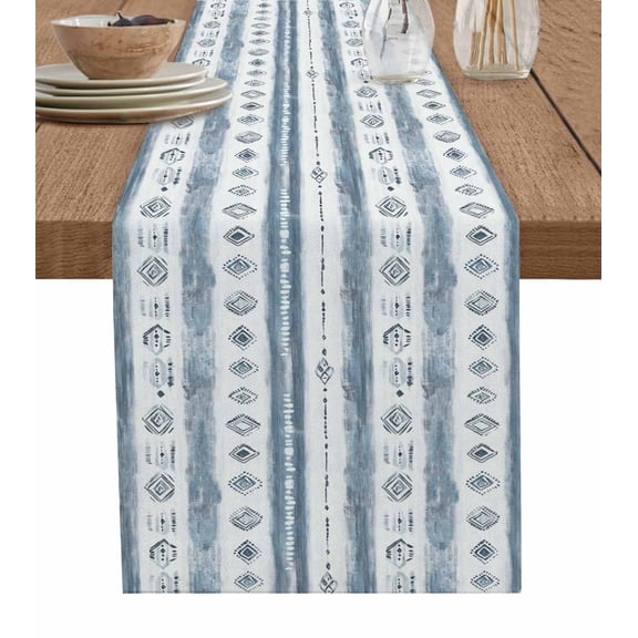 Blue White Stripe Table Runner 48 Inches, Vintage Abstract Geometric Brush Bed Runner Dresser Scarves Tabletop for Indoor Outdoor Parties/Ceremony/Banquet, 13" x 48"