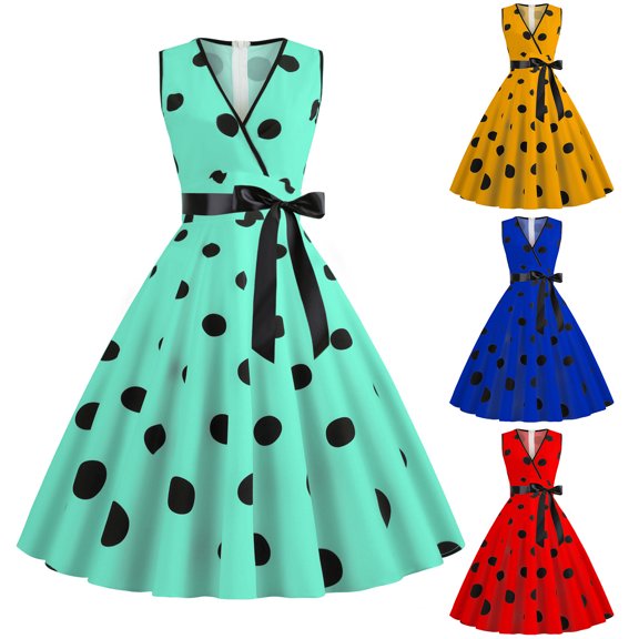Fengqque Women's Retro Sleeveless V-neck Polka Dot Print Bow Belt Loose and Casual Long Dress Yellow XL(XL)