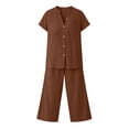 thumbnail image 4 of Sheghy Matching Set Cotton Women Drawstring Waist Blouse & 3/4 Length Wide Leg Pants 2 Piece Linen Blend Set, 4 of 6