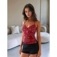 thumbnail image 2 of Women Sequin - Top Rhinestone Sparkle Sleeveless V Neck Camisole Open Back Summer Crop Top Party Clubwear Red S, 2 of 4