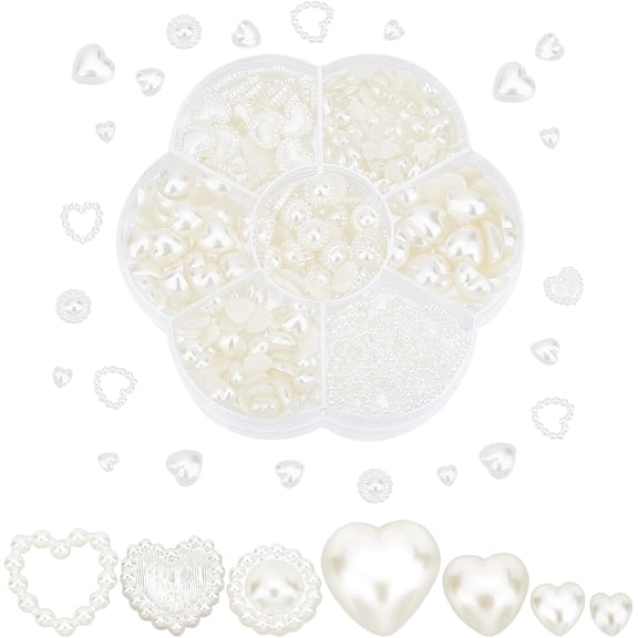 Half Round Pearls 460pcs 7 Styles Heart Shape Flat Back Beads Plastic Rhinestone Loose Bead Jewels Pearl Cabochon for DIY Craft Phone Nail Art Scrapbook Making Makeup Beige for diy