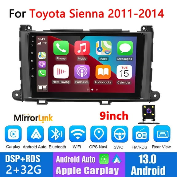 Guwzn Car Stereo Radio for Toyota Sienna 2011-2014 9" Touchscreen 2 32G Vehicle GPS Navigation Wireless CarPlay Android Auto