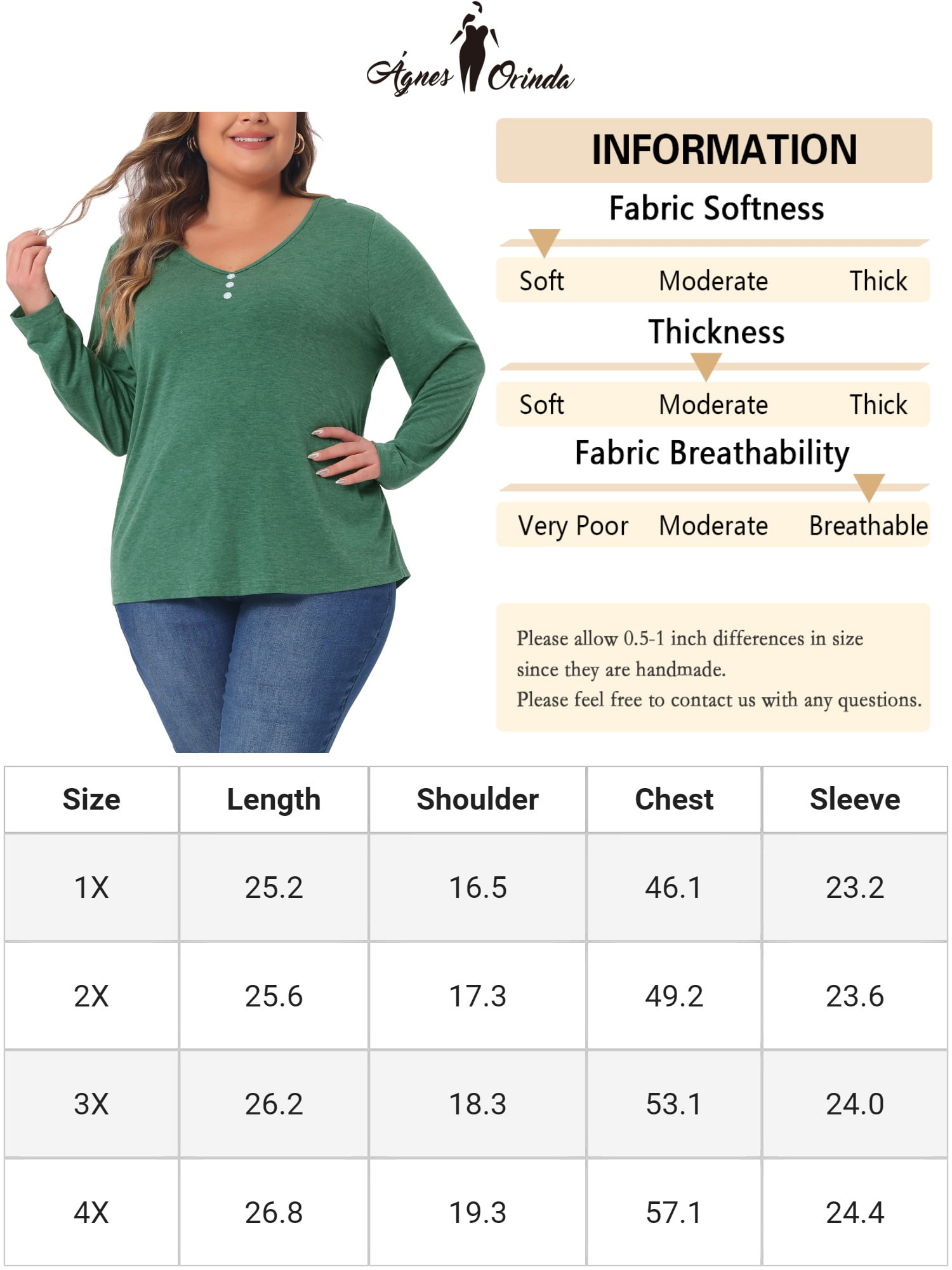 DARING DIVA Women's Plus Tshirt Casual Tops Button Front Long Sleeve Tee Top 4X Green