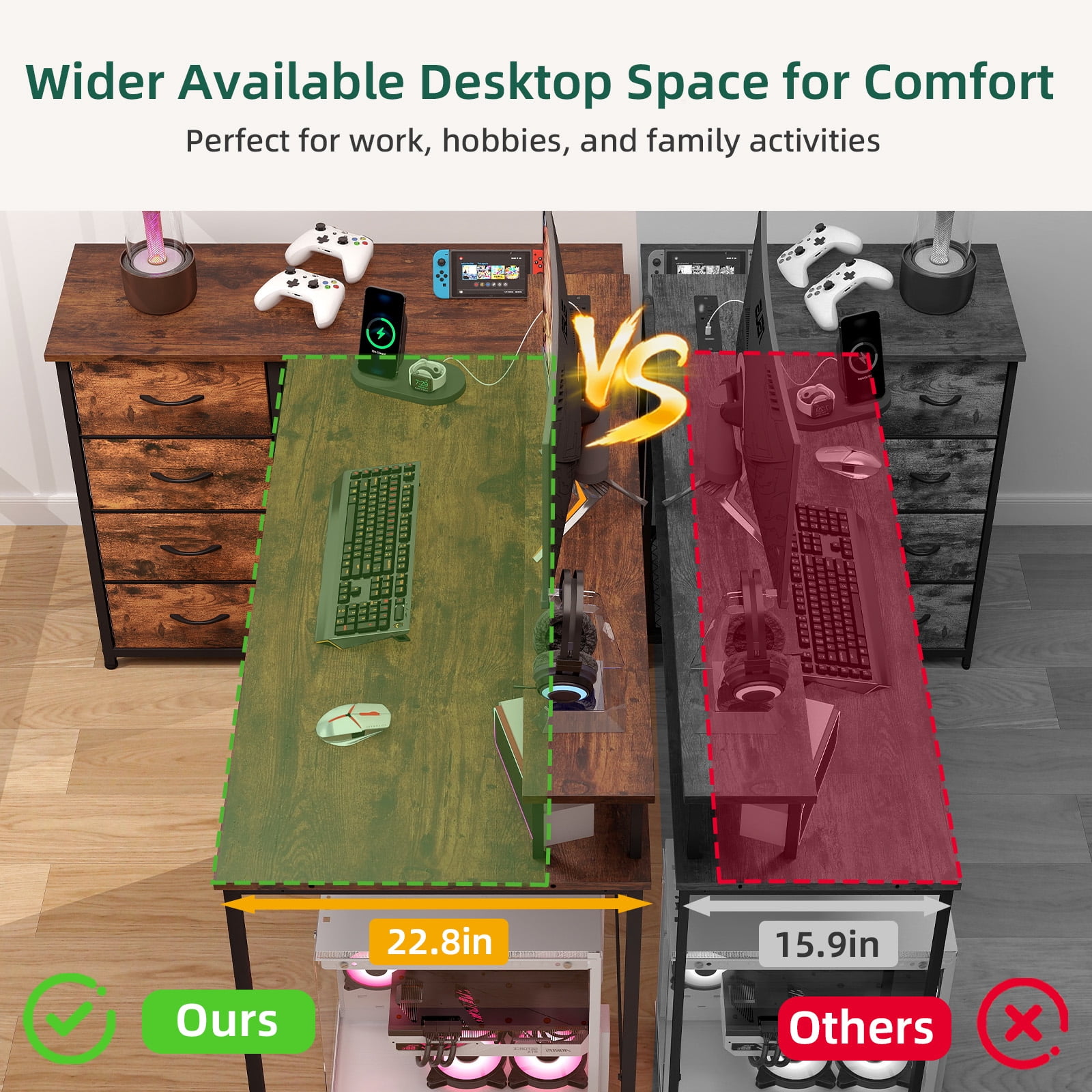 Eunos 61 inch L Shaped Gaming Desk with Power Outlets & LED Light, Computer Desk with 4 Tiers Drawers for Home Office, Wood Grain Print