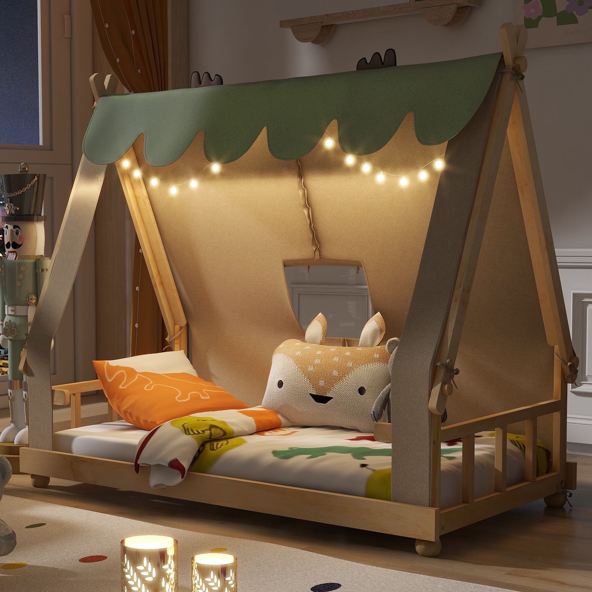 Mintazer Twin Teepee Tent Bed with LED Lights, Kids House Bed with Removable Canopy, Natural