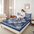 thumbnail image 4 of Manfei Retro Paisley Floral Queen Sheet Sets,Vintage Damsk Flat Sheet,White Blue Queen Fitted Sheet For Men Women,Super Cozy Room Decor,4-Piece, 4 of 7