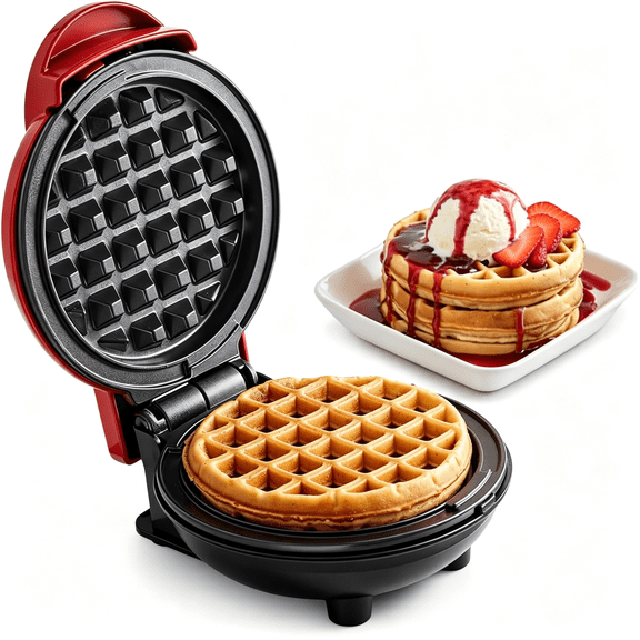 HIBIBUD Electric Nonstick 4.5" Cooking Surface Mini Waffle Maker, Belgian Waffles, Compact Design, Hash Browns, Keto, Snacks, Sandwich, Eggs, Easy to Clean, Red