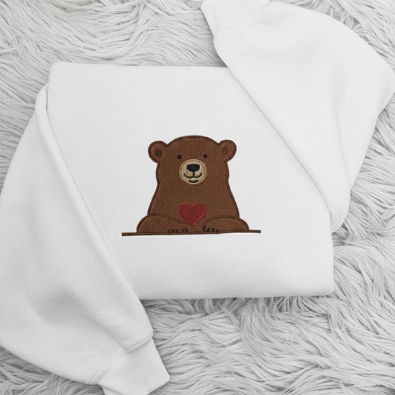 Brown Bear Embroidered Sweatshirt, Valentine Cute Bear with Mini Heart Embroidery Shirt, Cozy Wildlife Crewneck, Sweet Bear Lovers Gift